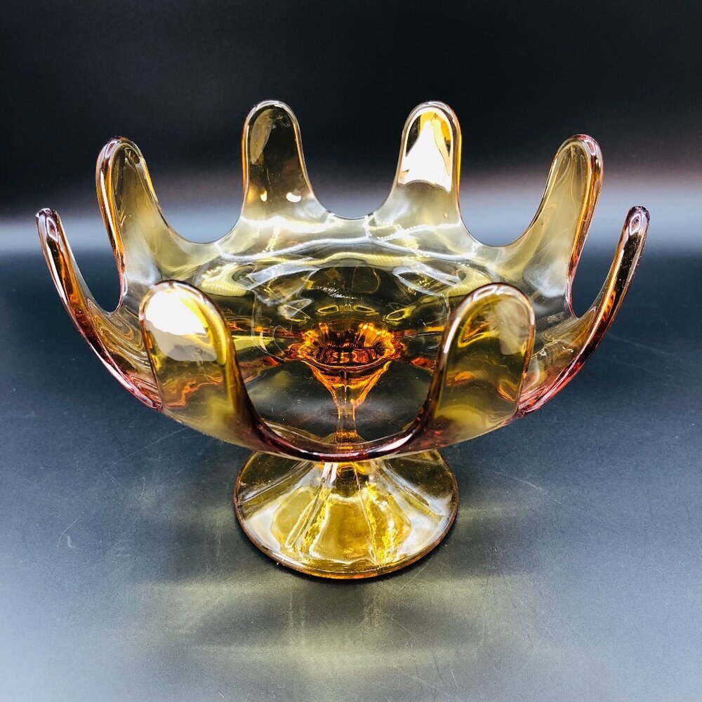 Mid Century Amber Art Glass Pedestal Compote 8 petals Vintage Bowl Centerpiece